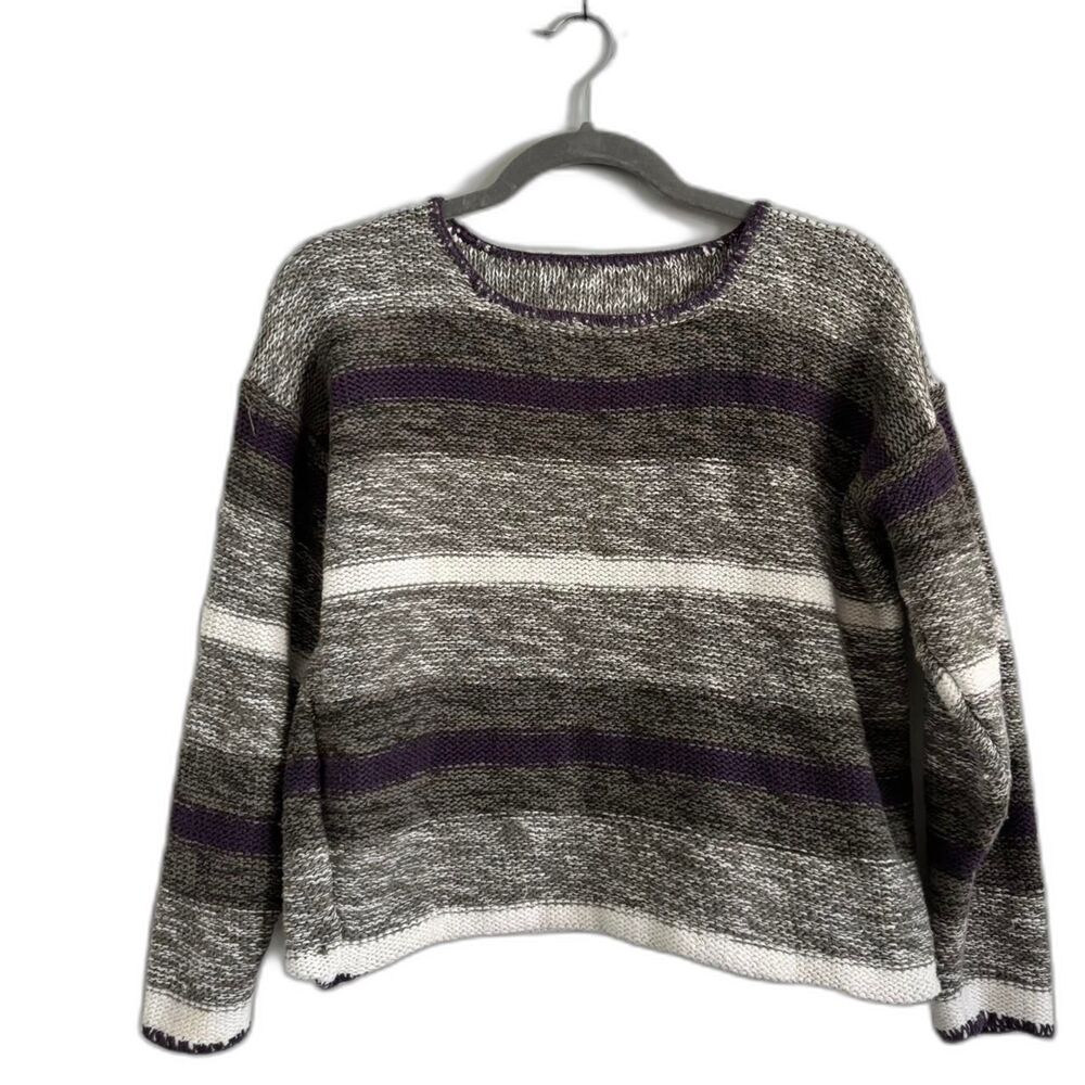 Vintage Knit Sweater with Purple, Grey, and White Stripes | SMALL
